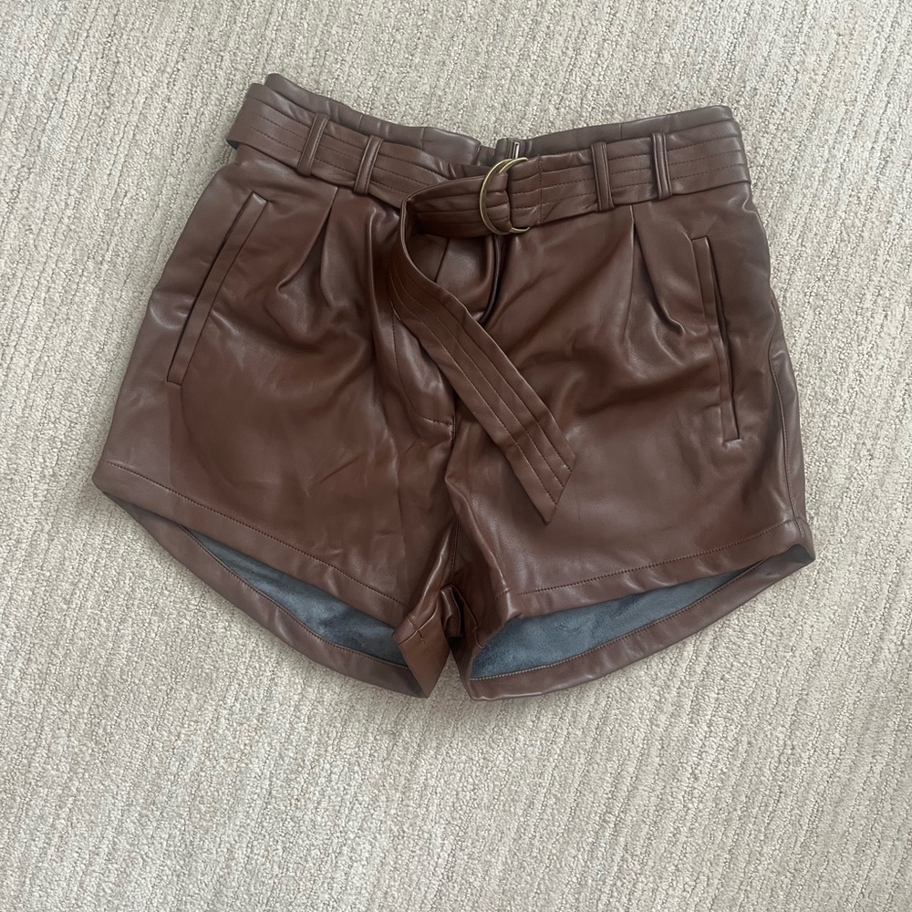 NWT Heartloom Anina Brown Faux Leather High-Waist Paperbag Shorts with Belt, S